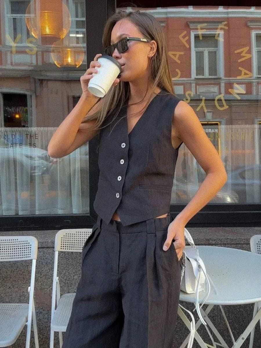 Linéora | Ensemble Deux Pièces Gilet Sans Manches Pantalon Large Lin Chic Été Pour Femme