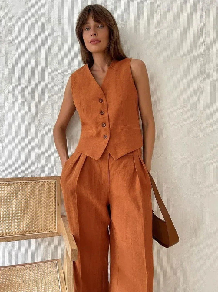 Linéora | Ensemble Deux Pièces Gilet Sans Manches Pantalon Large Lin Chic Été Pour Femme