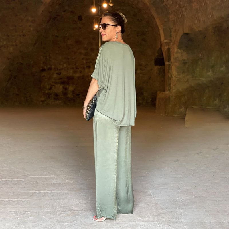 Saténia | Ensemble Deux Pièces Top Ample Pantalon Large Satin Fluide Chic Été Pour Femme