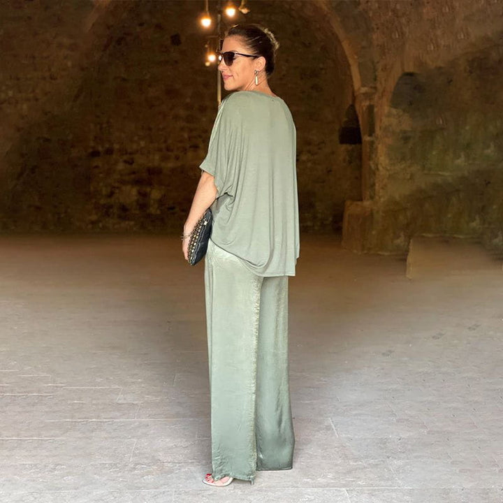Saténia | Ensemble Deux Pièces Top Ample Pantalon Large Satin Fluide Chic Été Pour Femme
