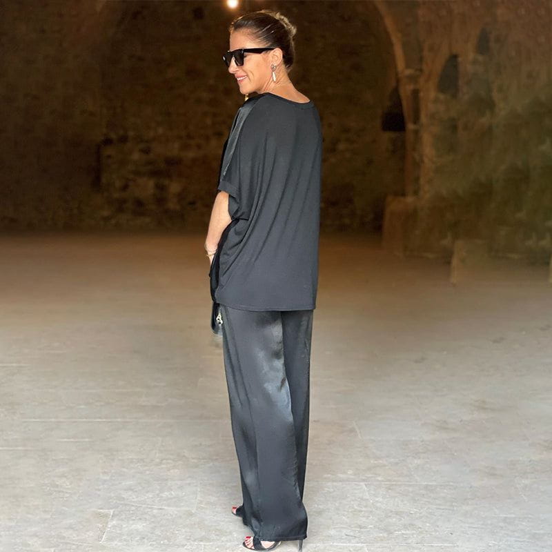 Saténia | Ensemble Deux Pièces Top Ample Pantalon Large Satin Fluide Chic Été Pour Femme