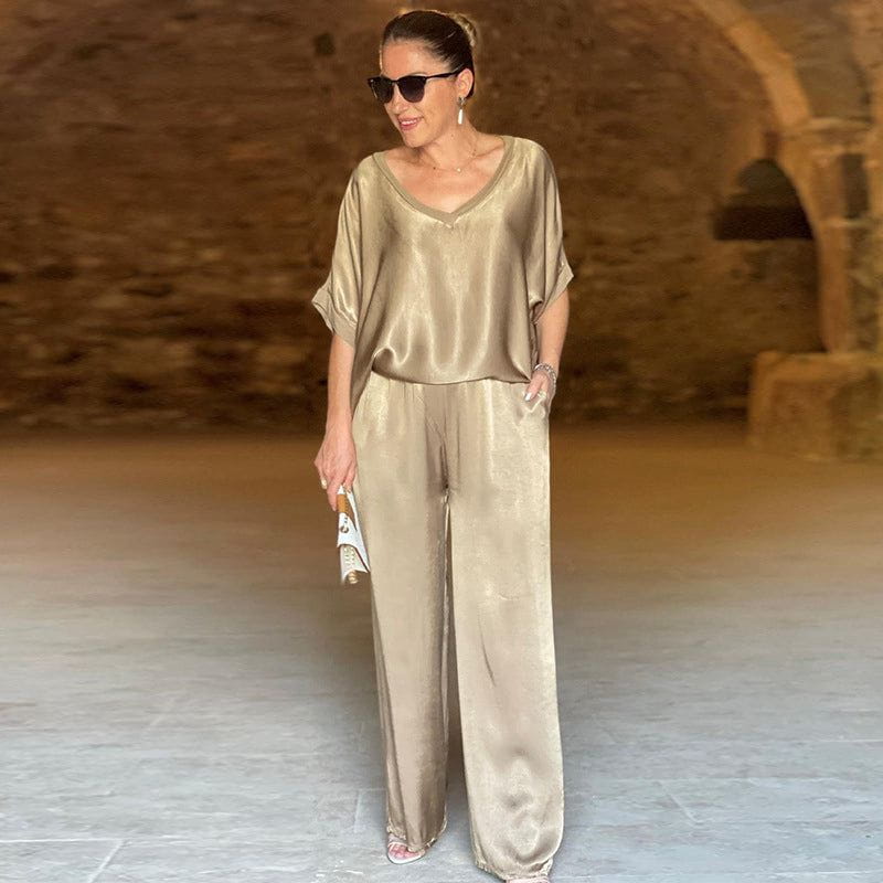 Saténia | Ensemble Deux Pièces Top Ample Pantalon Large Satin Fluide Chic Été Pour Femme