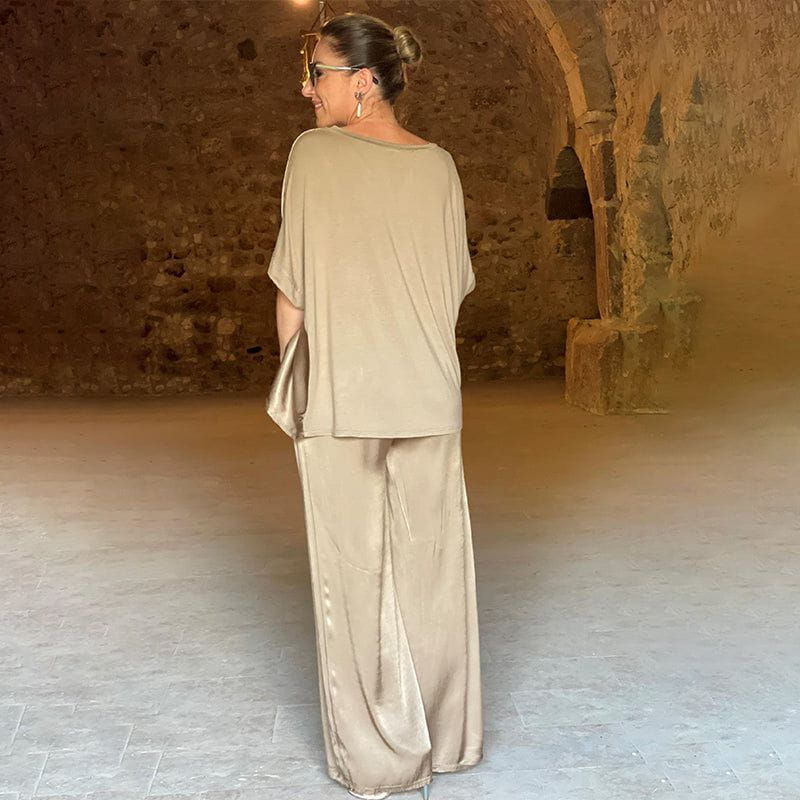 Saténia | Ensemble Deux Pièces Top Ample Pantalon Large Satin Fluide Chic Été Pour Femme