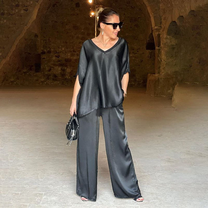Saténia | Ensemble Deux Pièces Top Ample Pantalon Large Satin Fluide Chic Été Pour Femme