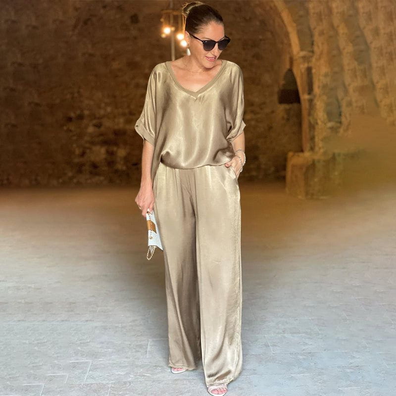 Saténia | Ensemble Deux Pièces Top Ample Pantalon Large Satin Fluide Chic Été Pour Femme