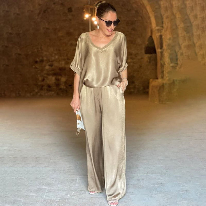 Saténia | Ensemble Deux Pièces Top Ample Pantalon Large Satin Fluide Chic Été Pour Femme