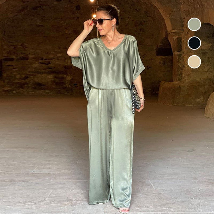 Saténia | Ensemble Deux Pièces Top Ample Pantalon Large Satin Fluide Chic Été Pour Femme