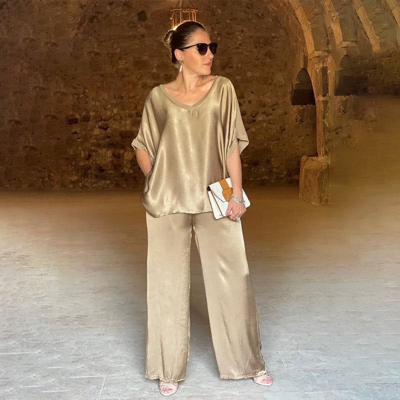 Saténia | Ensemble Deux Pièces Top Ample Pantalon Large Satin Fluide Chic Été Pour Femme
