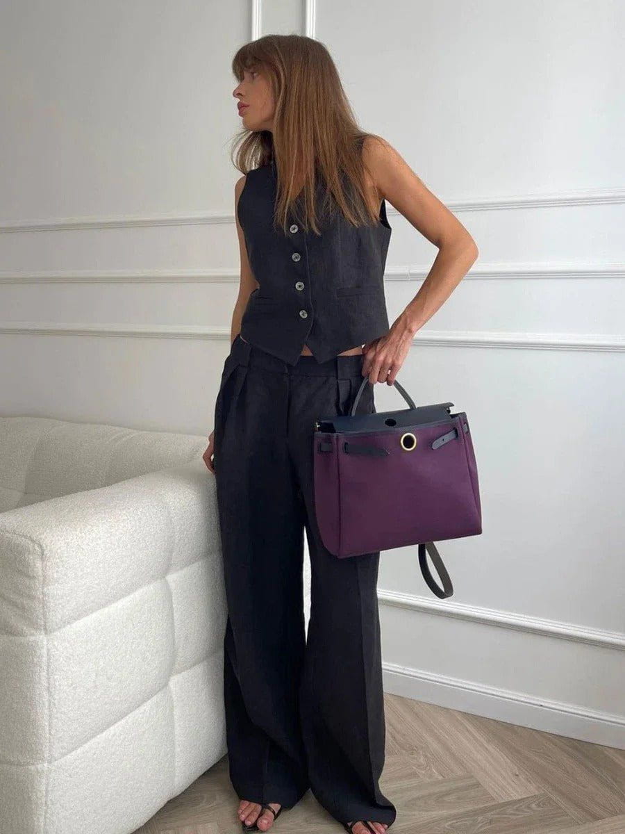 Linéora | Ensemble Deux Pièces Gilet Sans Manches Pantalon Large Lin Chic Été Pour Femme