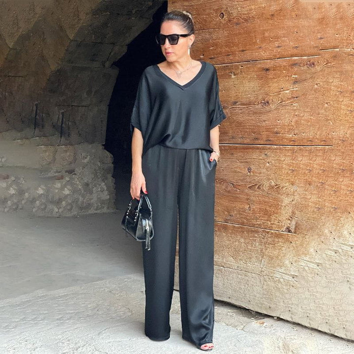 Saténia | Ensemble Deux Pièces Top Ample Pantalon Large Satin Fluide Chic Été Pour Femme