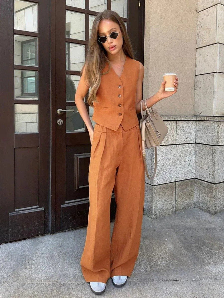 Linéora | Ensemble Deux Pièces Gilet Sans Manches Pantalon Large Lin Chic Été Pour Femme