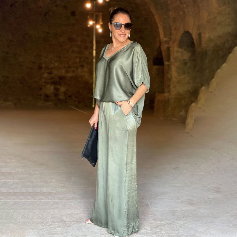 Saténia | Ensemble Deux Pièces Top Ample Pantalon Large Satin Fluide Chic Été Pour Femme