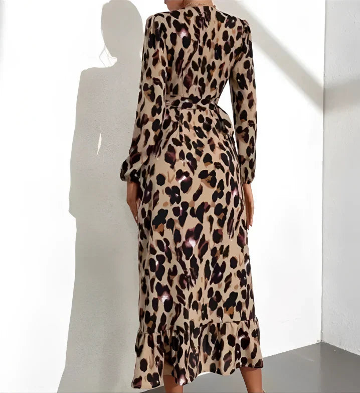 Edma | Robe midi à imprimé léopard avec col en V pour femmes