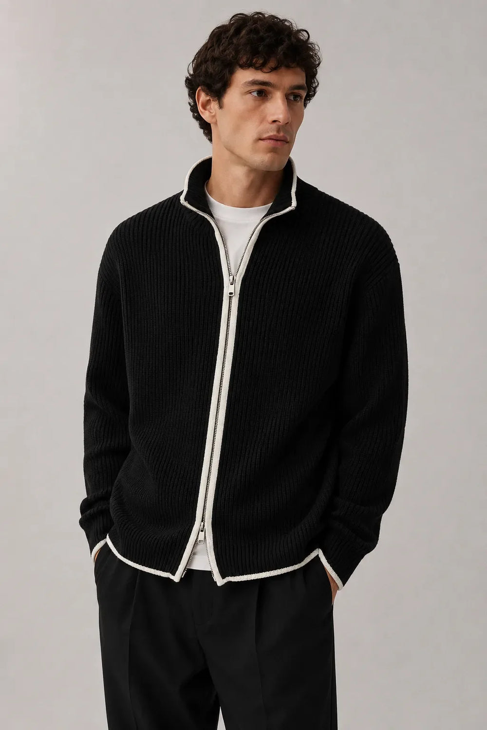 Cardigan Noir Zippé Contrasté