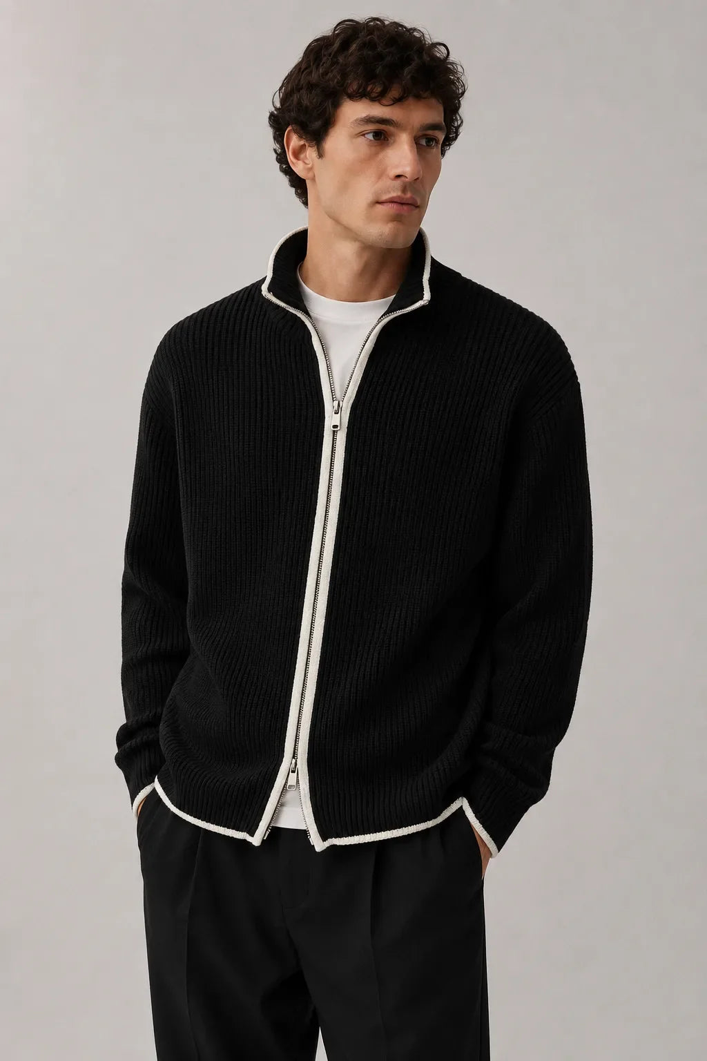 Cardigan Noir Zippé Contrasté