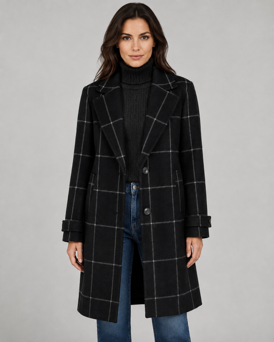 Manteau Long Structuré à Carreaux – Noir