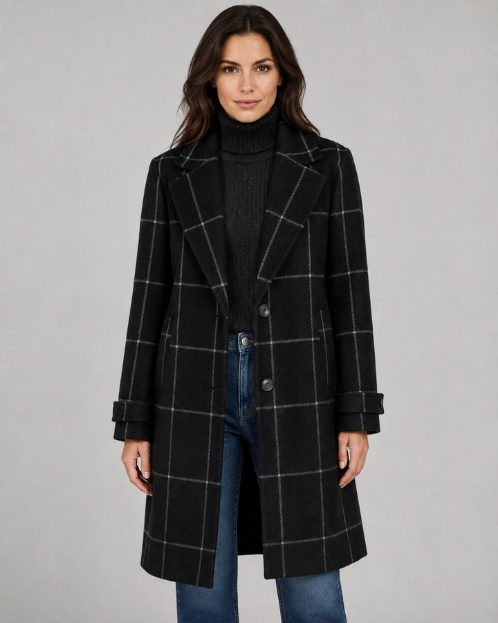 Manteau Long Structuré à Carreaux – Noir