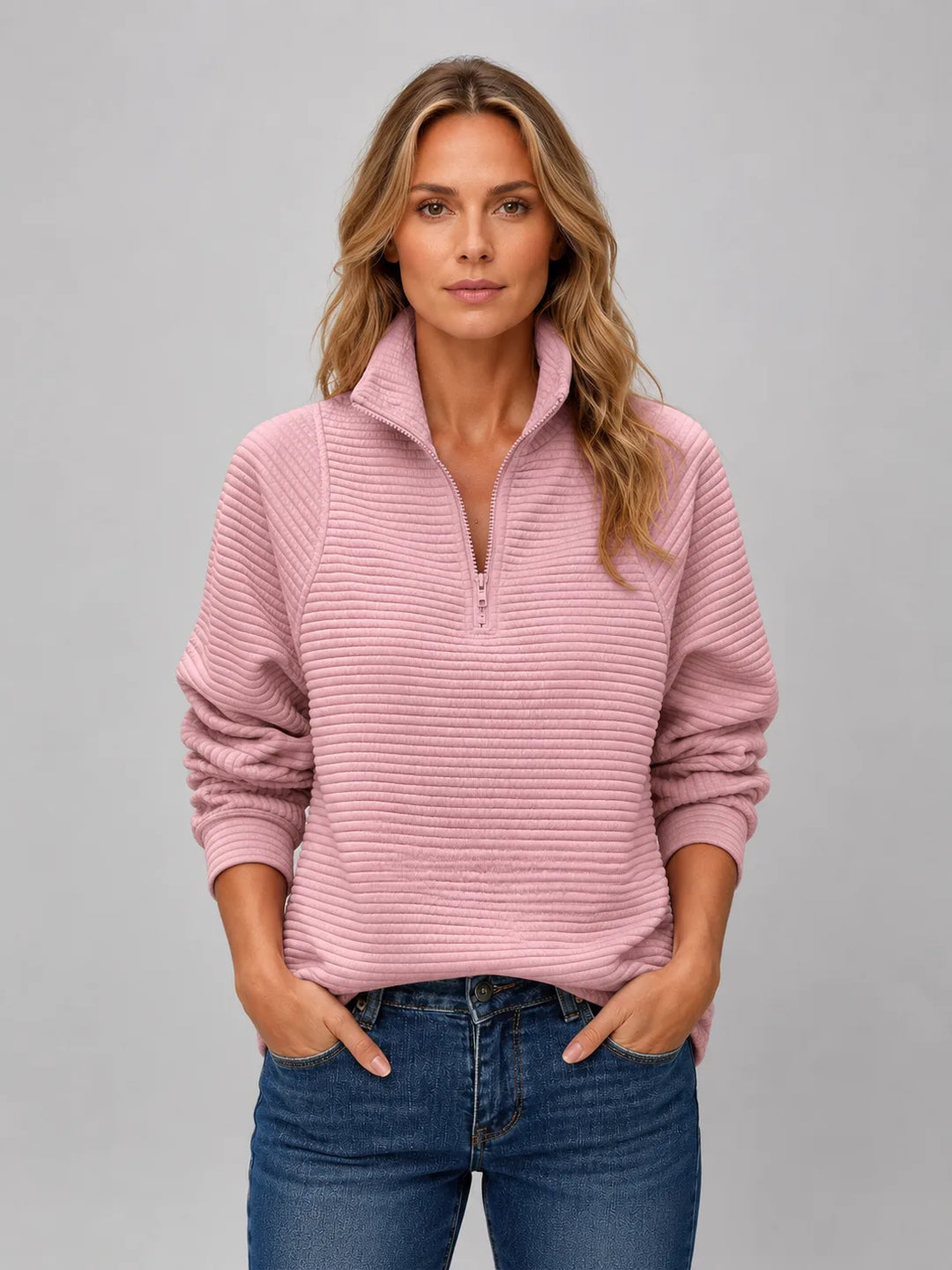 Pull Côtelé à Col Zippé – Rose