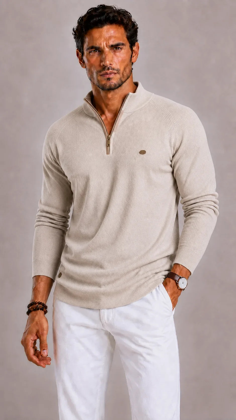 Pull Homme à Col Demi-Ouvert – Beige