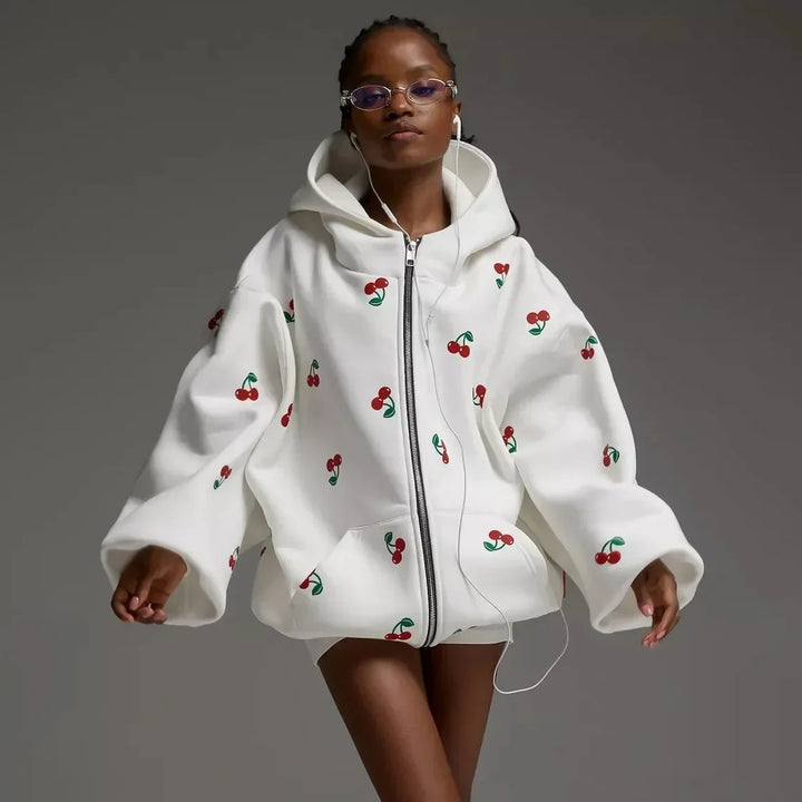 Veste à Capuche et Motif Cerise – Blanc