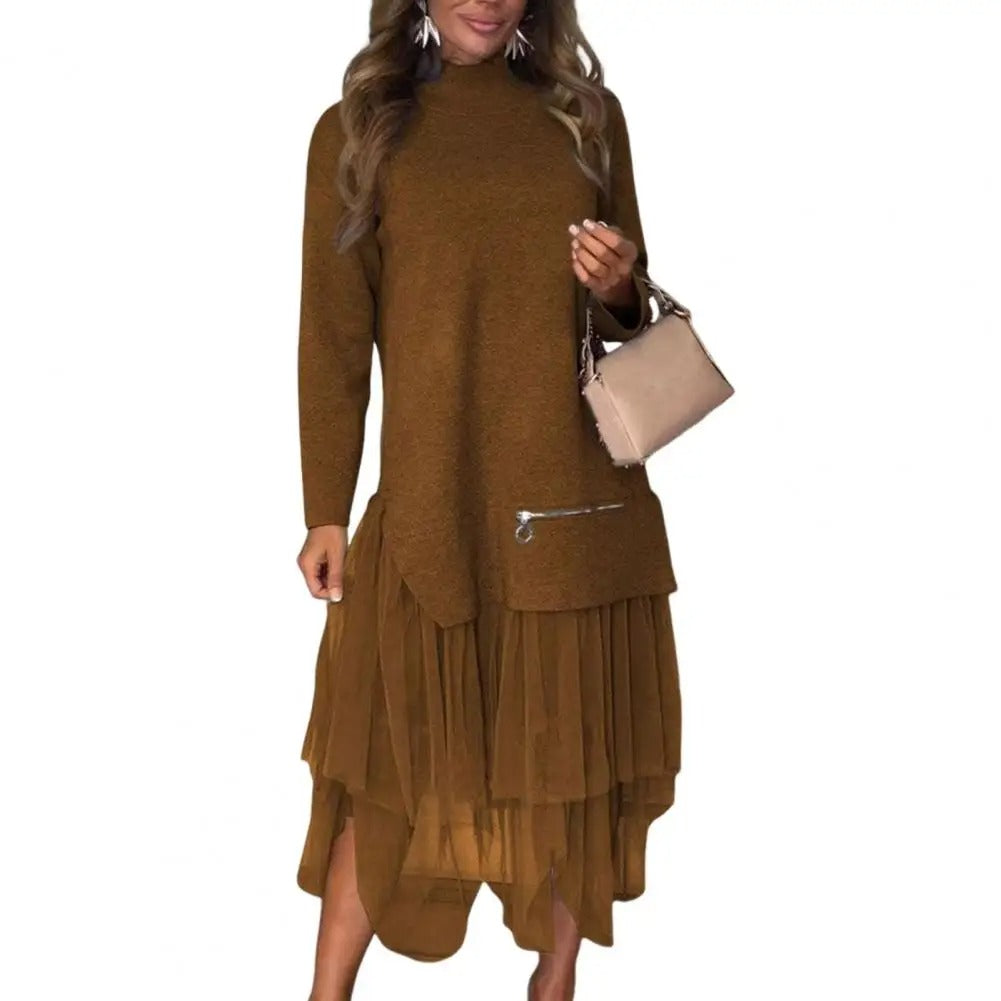 Robe Pull et Tulle | Col Montant & Jupe Volantée | Élégance Décontractée