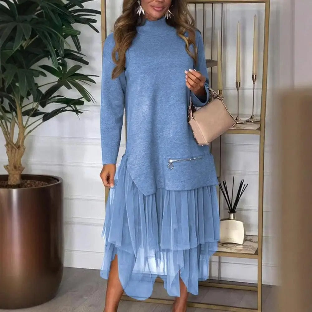 Robe Pull et Tulle | Col Montant & Jupe Volantée | Élégance Décontractée