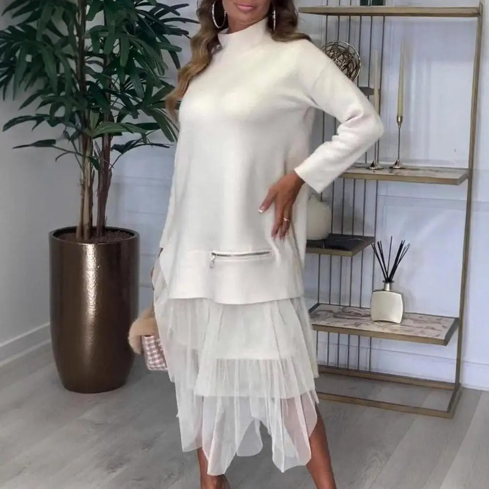 Robe Pull et Tulle | Col Montant & Jupe Volantée | Élégance Décontractée