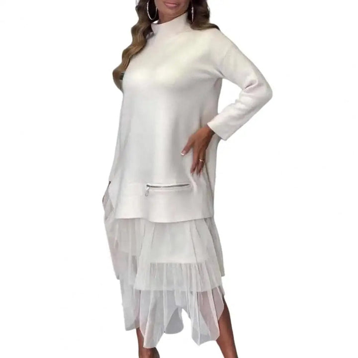 Robe Pull et Tulle | Col Montant & Jupe Volantée | Élégance Décontractée
