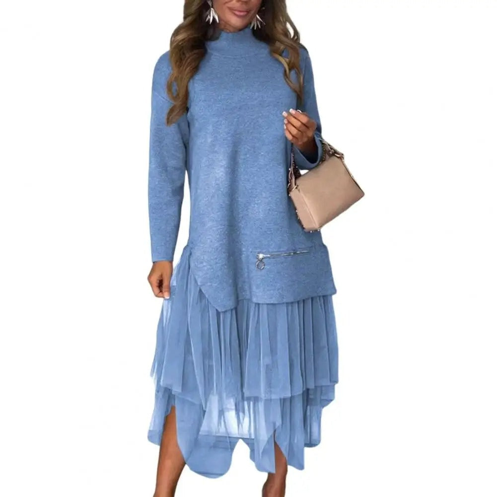 Robe Pull et Tulle | Col Montant & Jupe Volantée | Élégance Décontractée