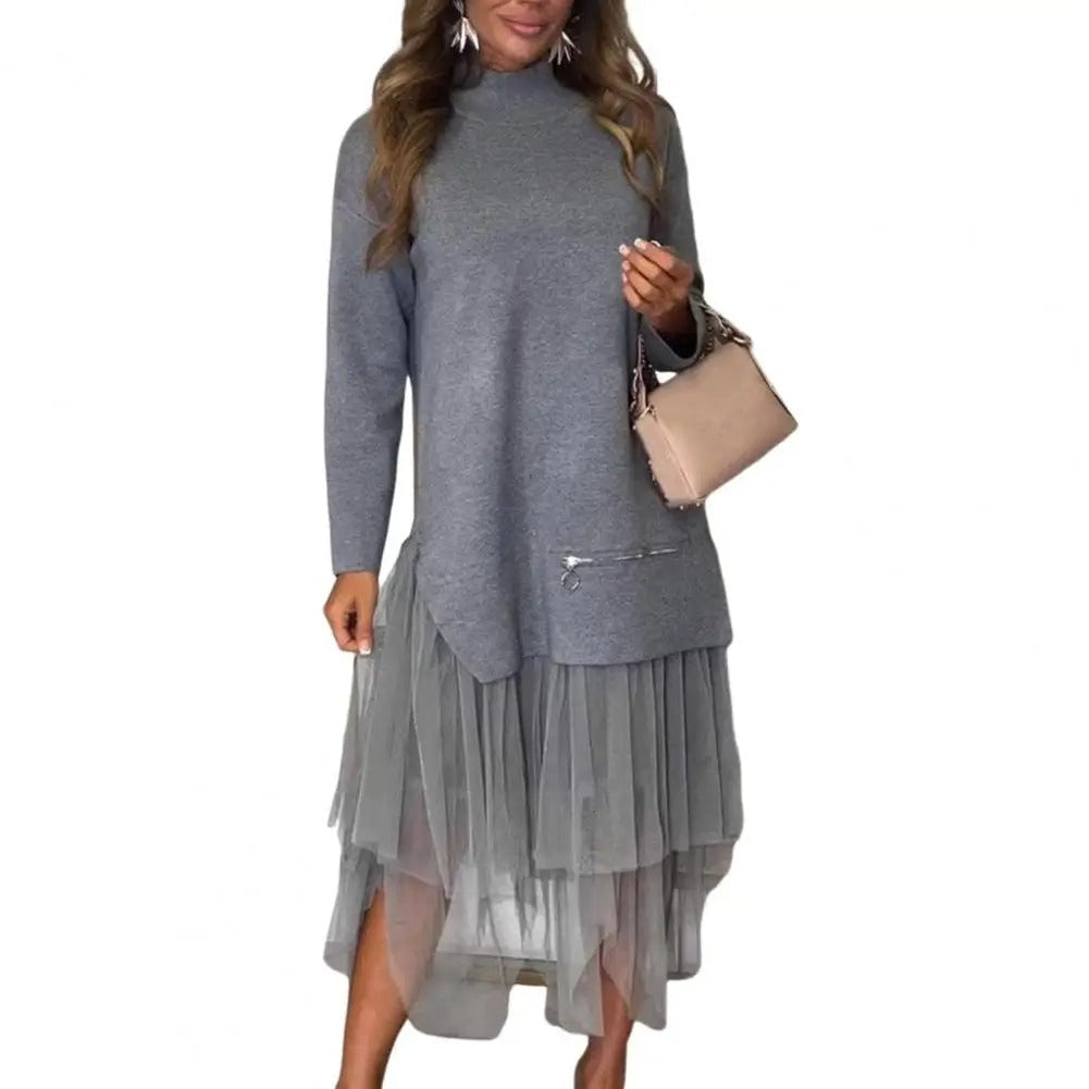 Robe Pull et Tulle | Col Montant & Jupe Volantée | Élégance Décontractée