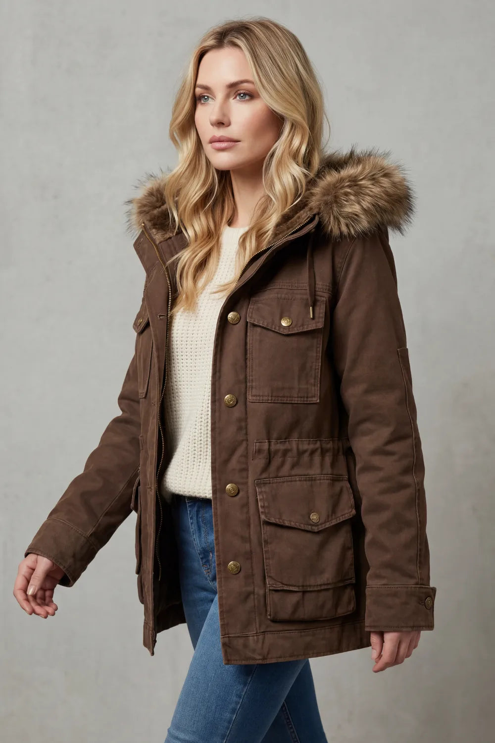 Manteau Chaud Marron à Capuche