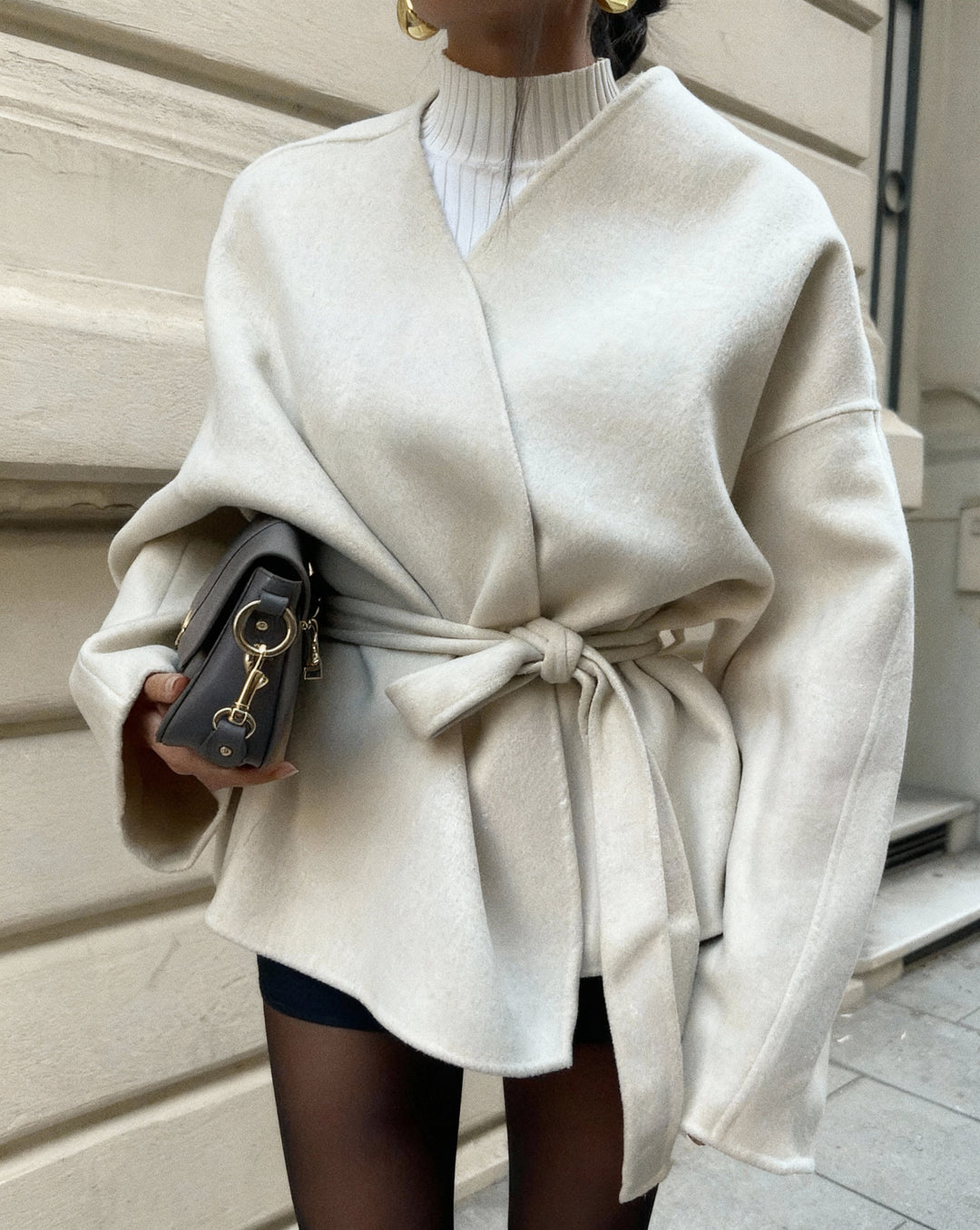 Manteau Court Cache-cœur Beige