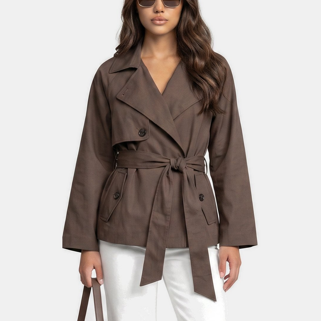 Manteau Court Ceinturé Élégant – Marron