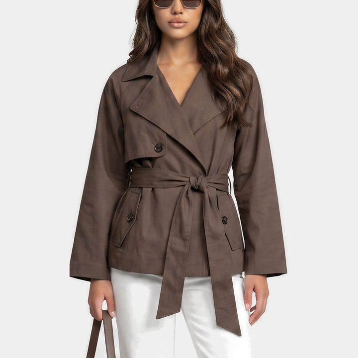 Manteau Court Ceinturé Élégant – Marron