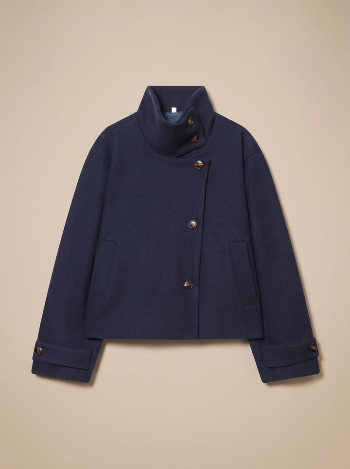 Manteau Court Chic à Col Montant – Bleu Foncé