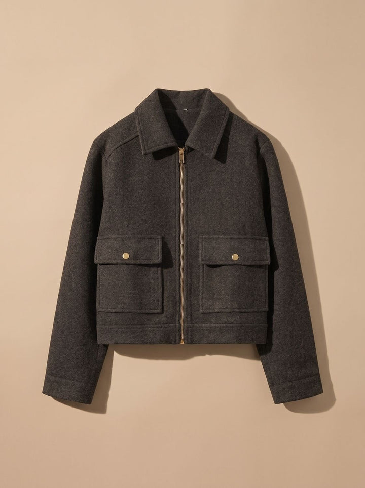 Manteau Court Chic à Col Montant – Gris Noir