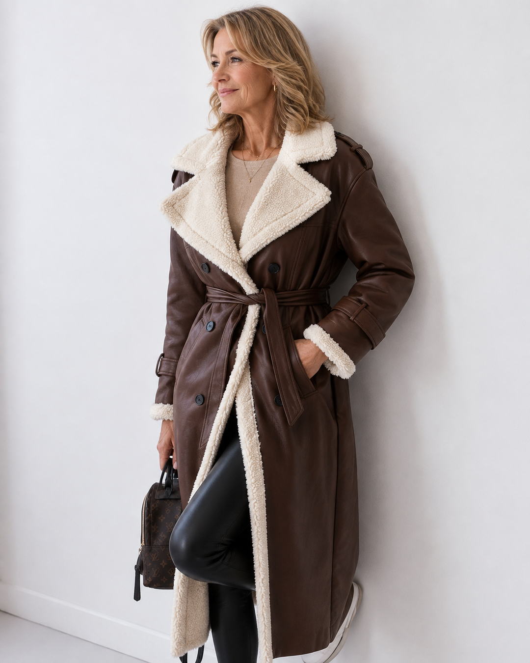 Manteau croisé à revers doux – Marron