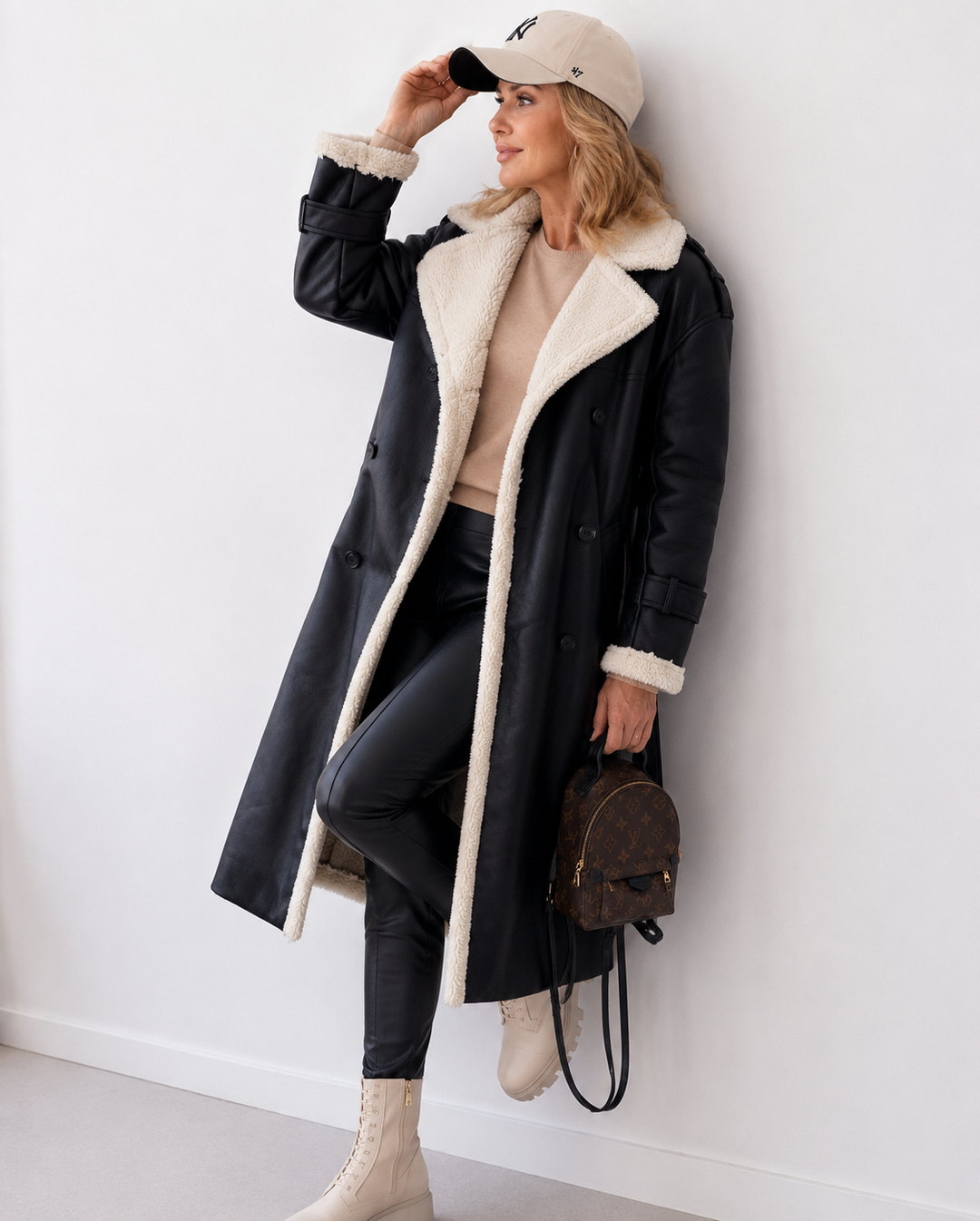 Manteau croisé à revers doux – Noir