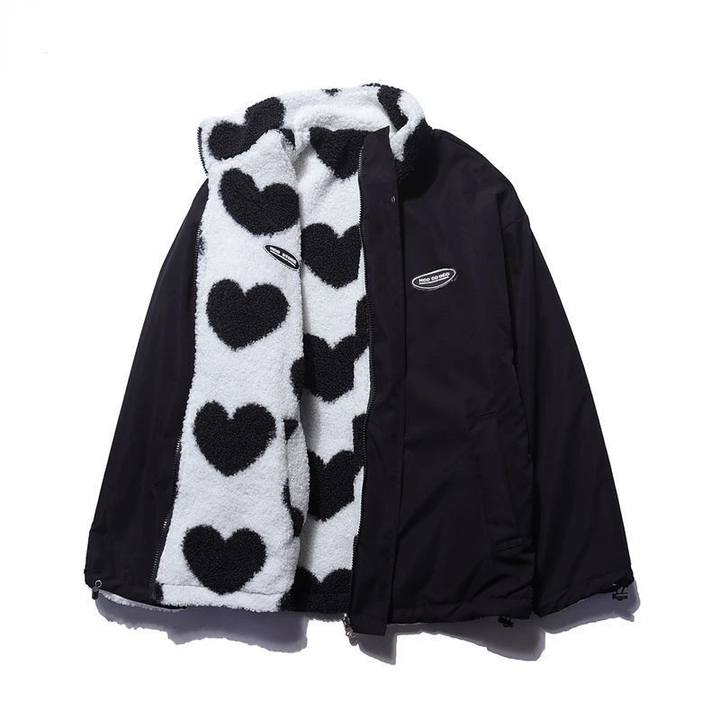 Manteau double-face à motif cœur – Noir