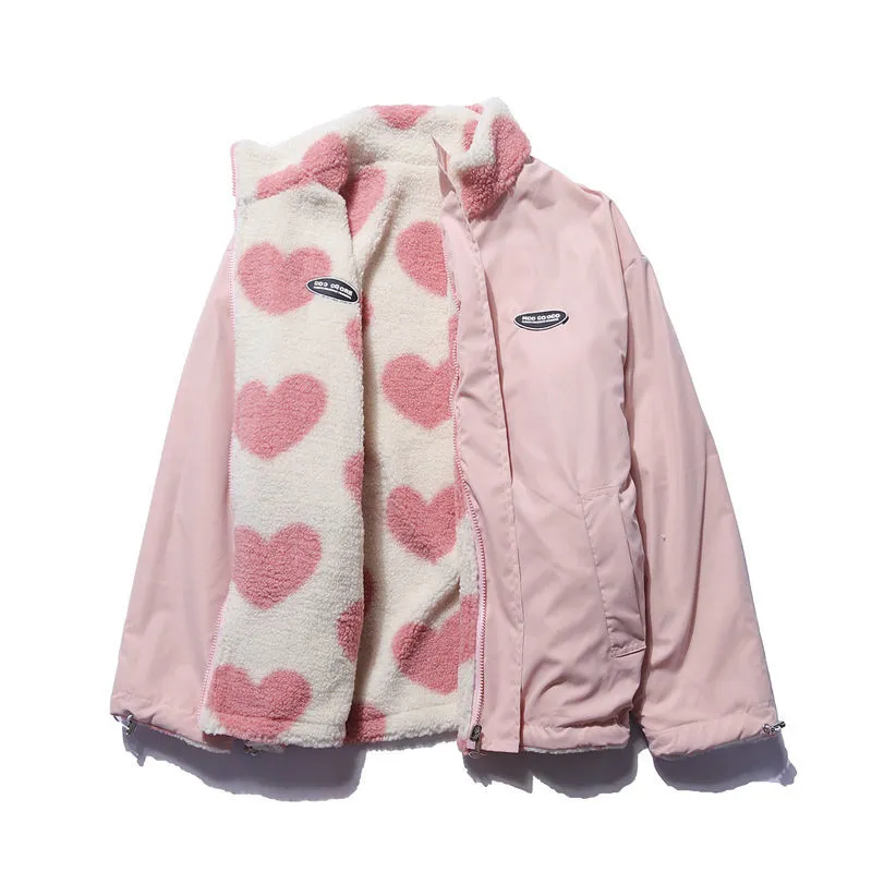 Manteau double-face à motif cœur – Rose