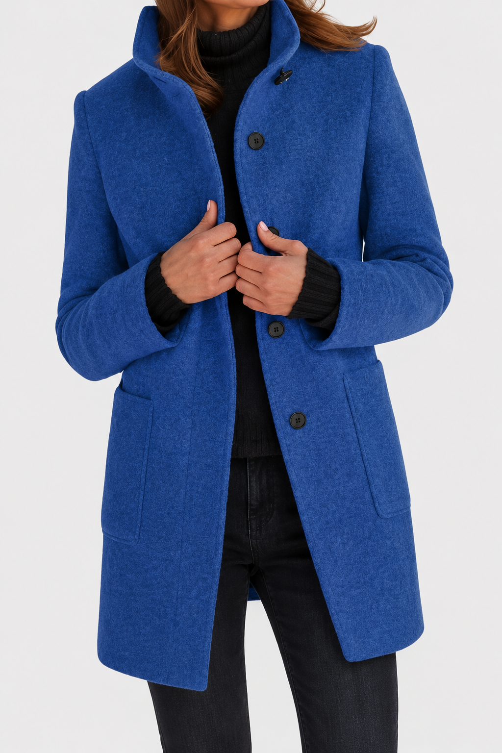 Manteau Droit à Col Montant – Bleu