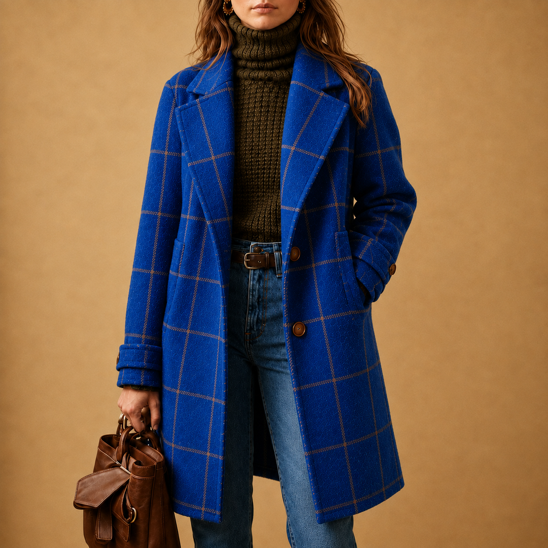 Manteau droit à carreaux – Bleu