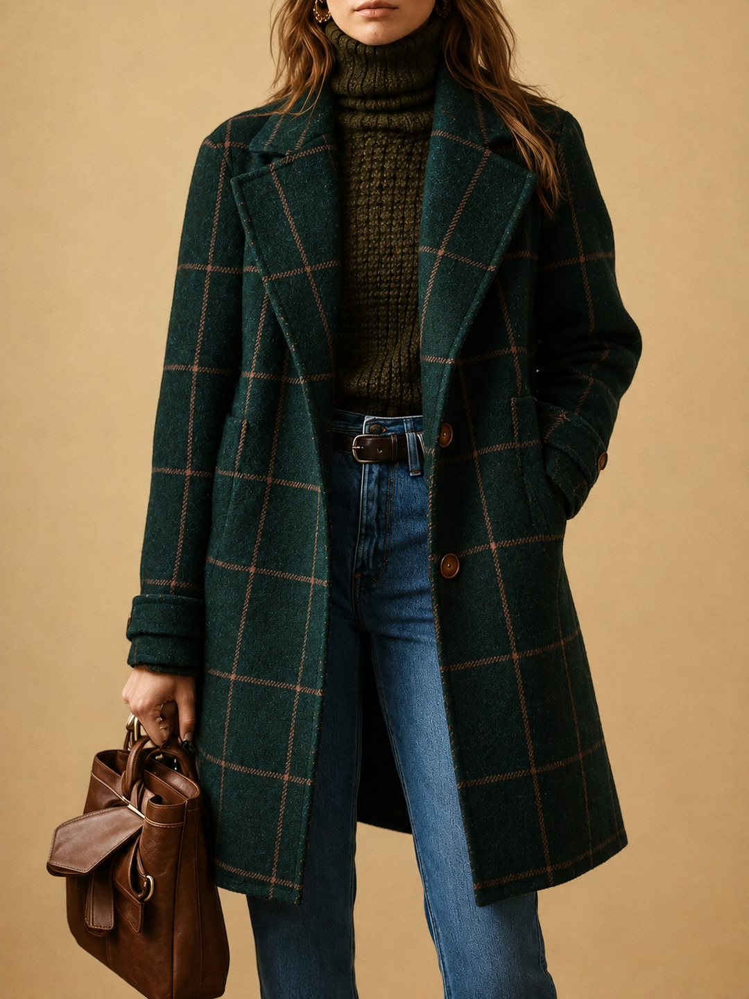 Manteau droit à carreaux – Vert