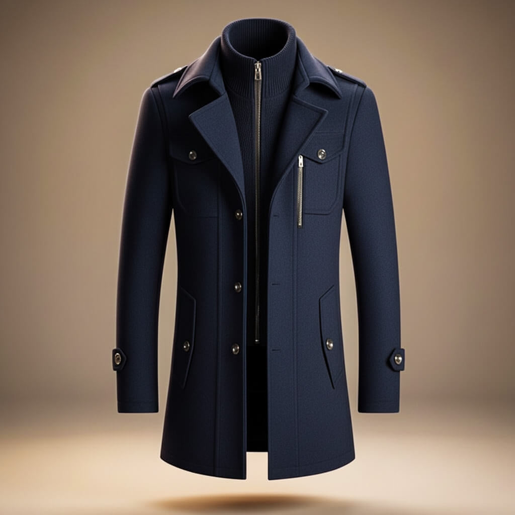Manteau Homme Structuré à Col Zippé – Bleu Marine
