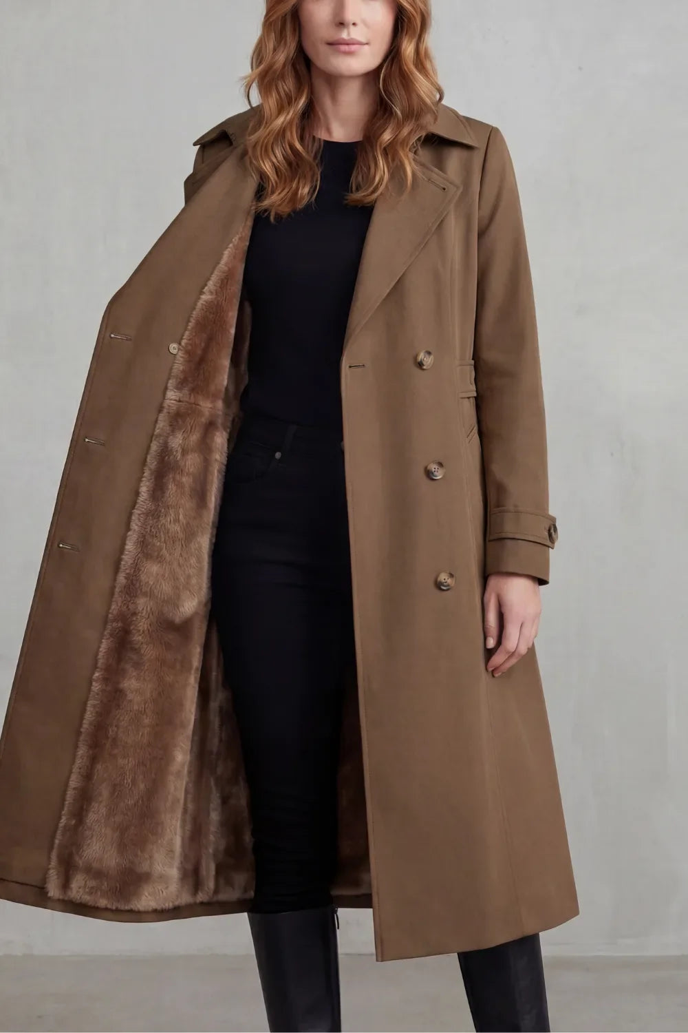 Manteau Long Croisé Chaud – Café