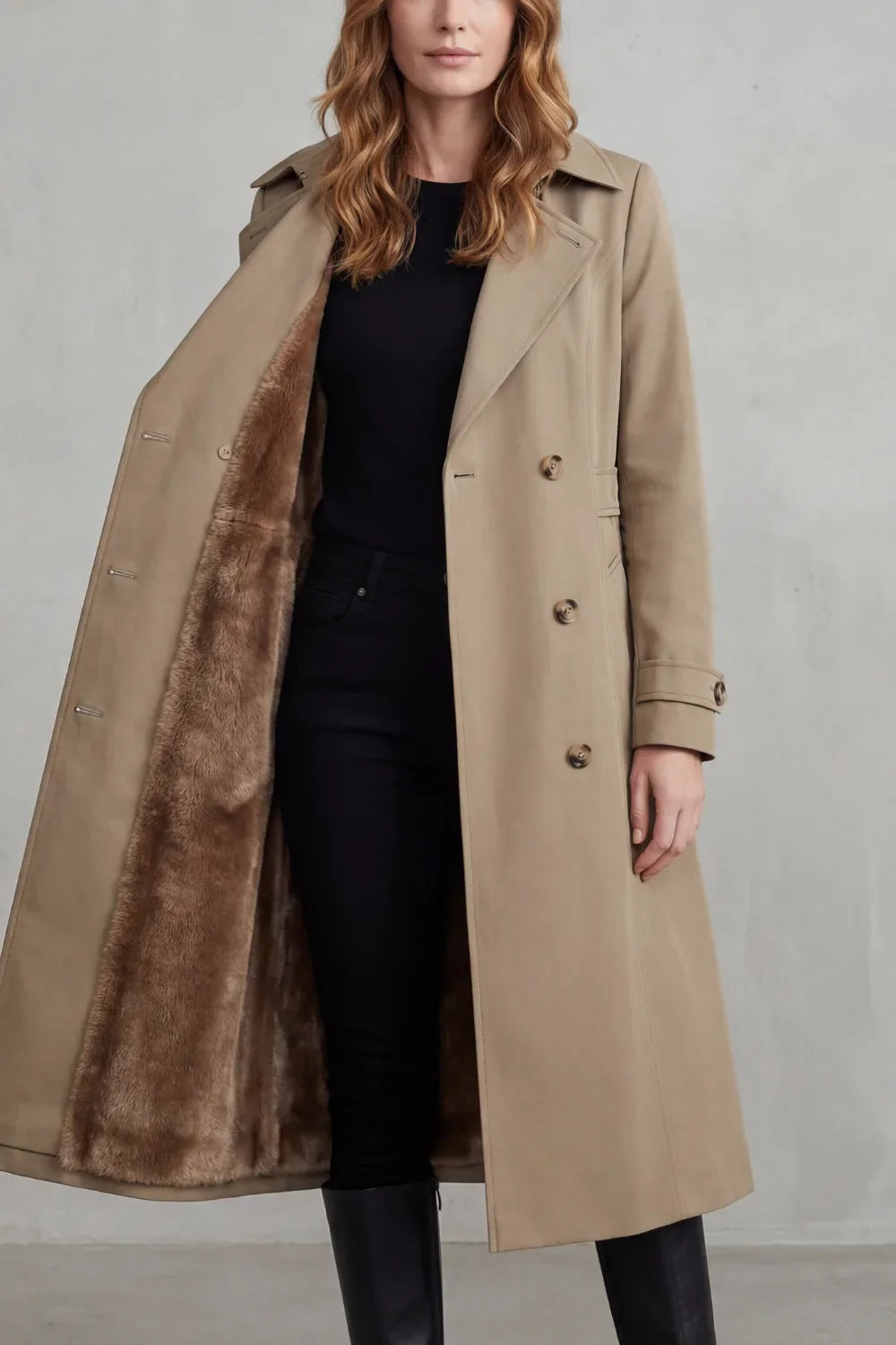 Manteau Long Croisé Chaud – Kaki