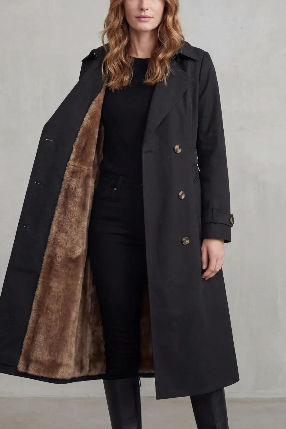 Manteau Long Croisé Chaud – Noir