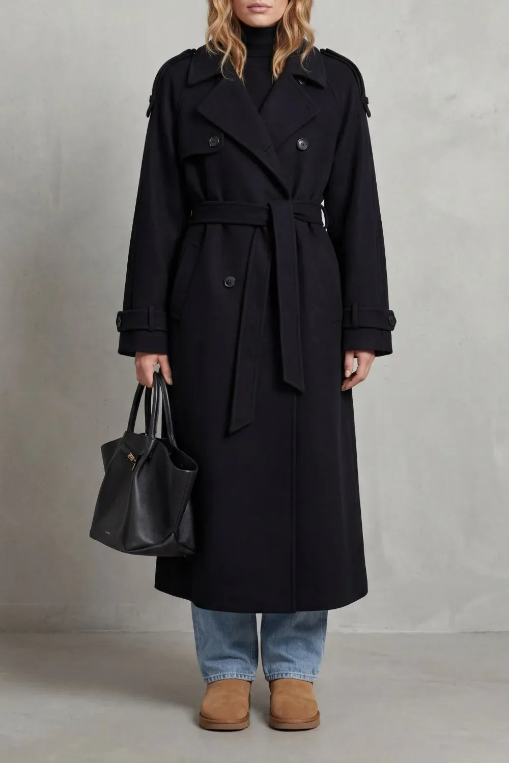 Manteau Long Croisé et Ceinturé – Noir