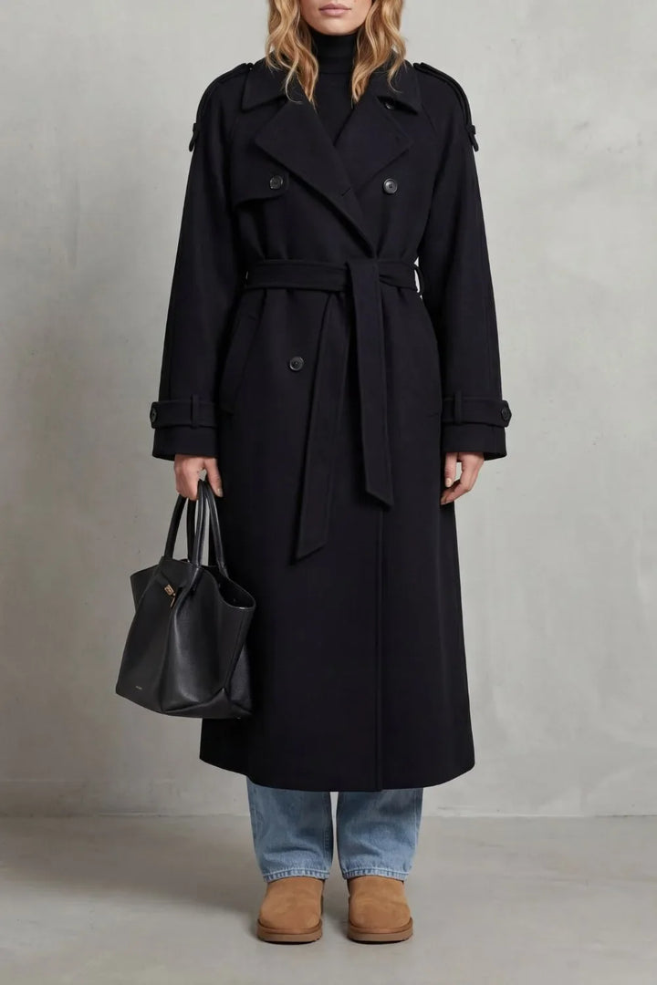 Manteau Long Croisé et Ceinturé – Noir