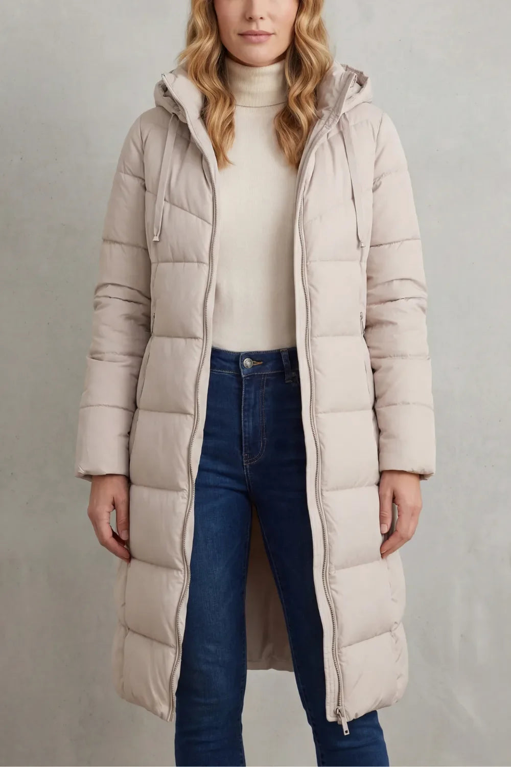 Manteau Long Matelassé à Capuche – Ivoire